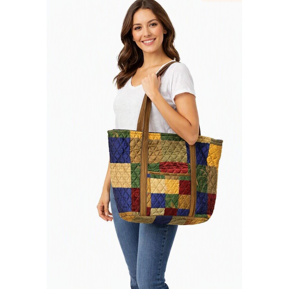 Ten Bears Tote Quilted Color-Block 100% Cotton 14"x 16" Bohemian Cottagecore